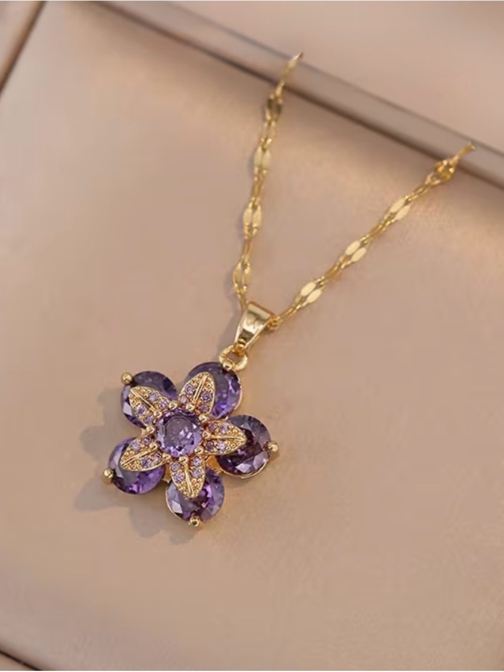 Gorgeous Gold and Purple Gemstone Flower Pendant Necklace